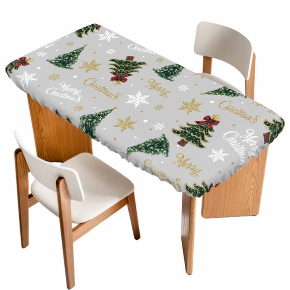 Grey Christmas Table Cloths for 3 Foot Rectangle Tables, Winter Green Pine Tree Gold Snowflake Patio Waterproof Elastic Fitted Tablecloths, Washable Rectangular Table Cover for Camping