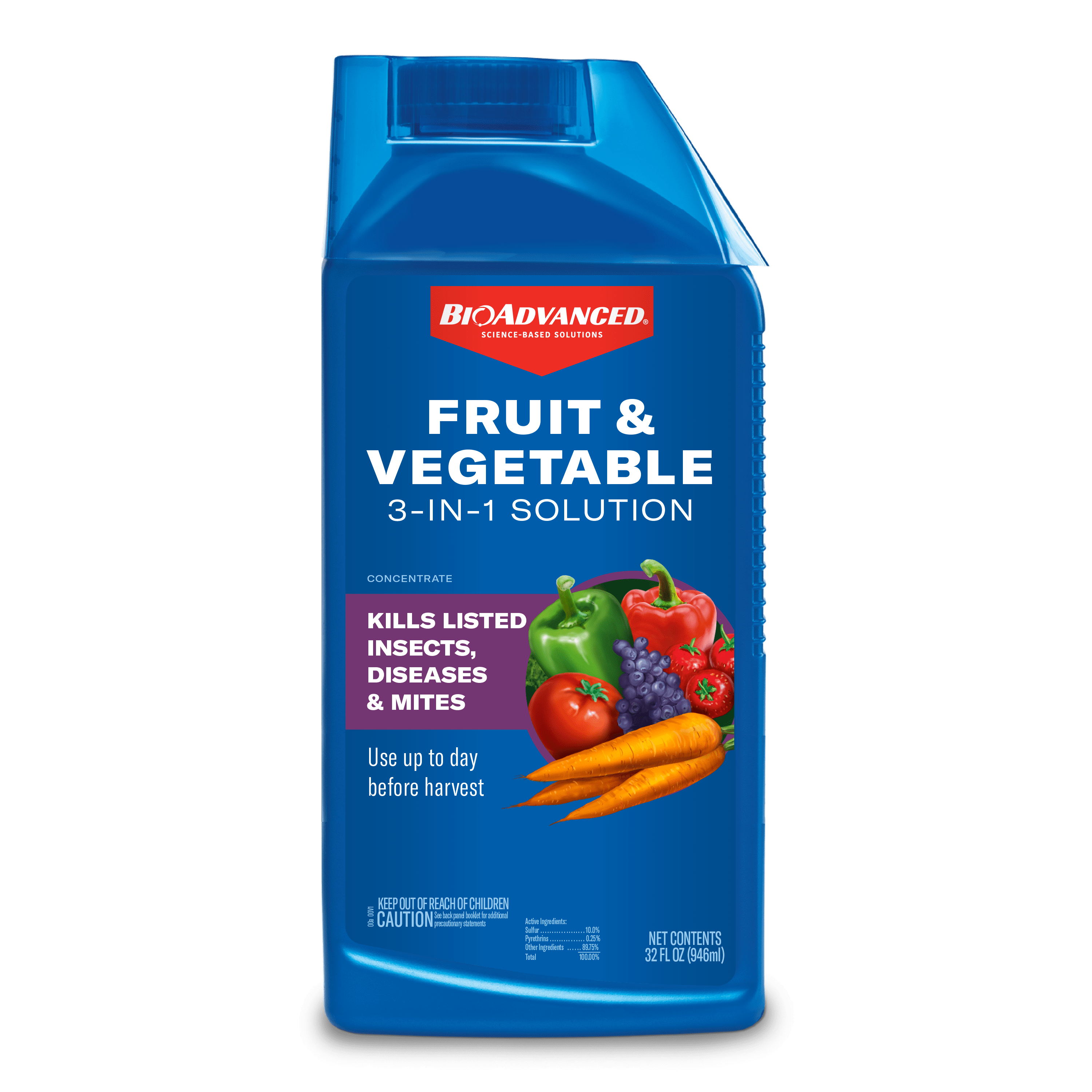 BioAdvanced Fruit & Vegetable 3n1 Solution 32oz Concentrate, Kills Listed Insects: Aphids, Caterpillars, Mites, Beet Armyworms, Beetles and More! Controls; Black Spot, Powdery Mildew, Rust and More!