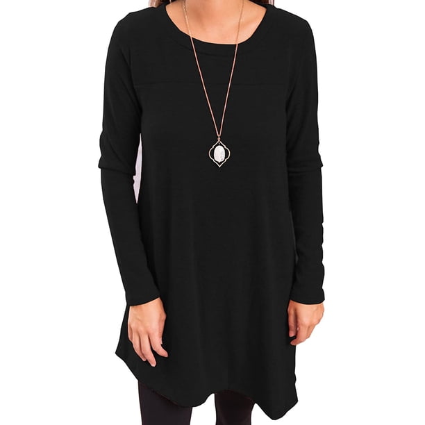 Sonducket Top de mujer de manga larga de color sólido vestido de otoño con botones laterales divididos suéter con dobladillo irregular Prendas para la parte del cuerpo Negro M