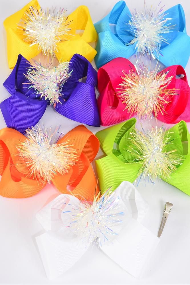 Hair Bow Jumbo Center Pom Pom Iridescent Grosgrain Bowtie Citrus/DZ
