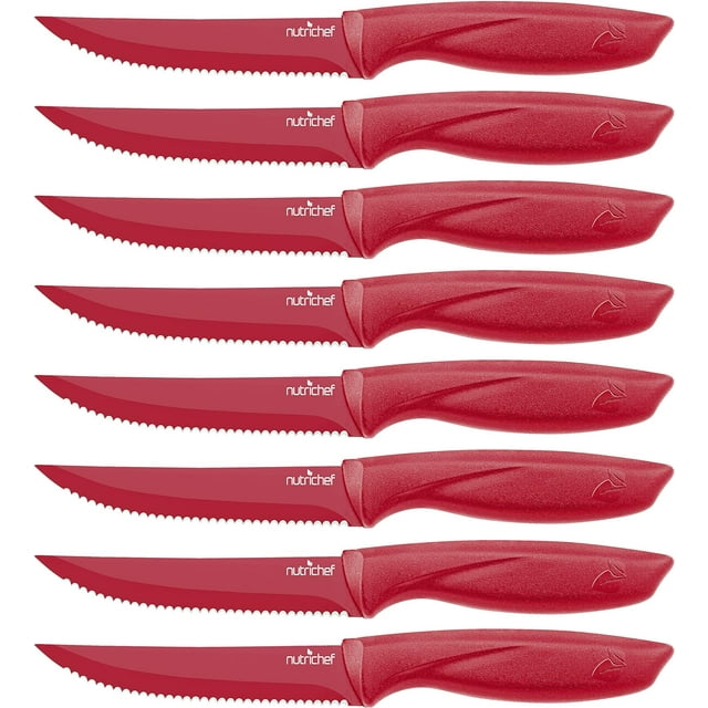 NutriChef Steak Knife Set of 8 - Premium Serrated Stainless Steel Kitchen Knife Set - Ergonomic Design, Sharp Blades, Non-Stick, & Rust-Resistant - Perfect for Home, BBQ's & Restaurants, Red