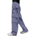 thumbnail image 4 of CPNG Girls Casual Baggy Cargo Pants Straight Wide Leg Cargo Pants Loose Elastic Waist Fashion Drawstring Cargo Trousers(Blue,9-10 Years), 4 of 6
