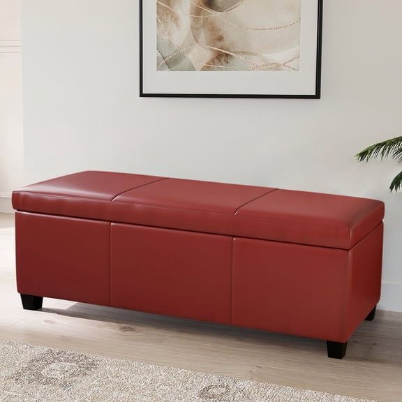 47" inch Deluxe Bedroom Rectangular Faux Leather Storage Ottoman Bench Large Red