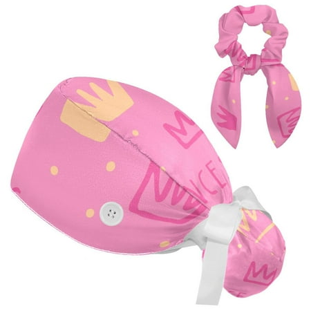 

Working Cap with Buttons and Sweatband Scrub Hat Bouffant Caps with Scrunchie Princess Pink Tie Back Hats
