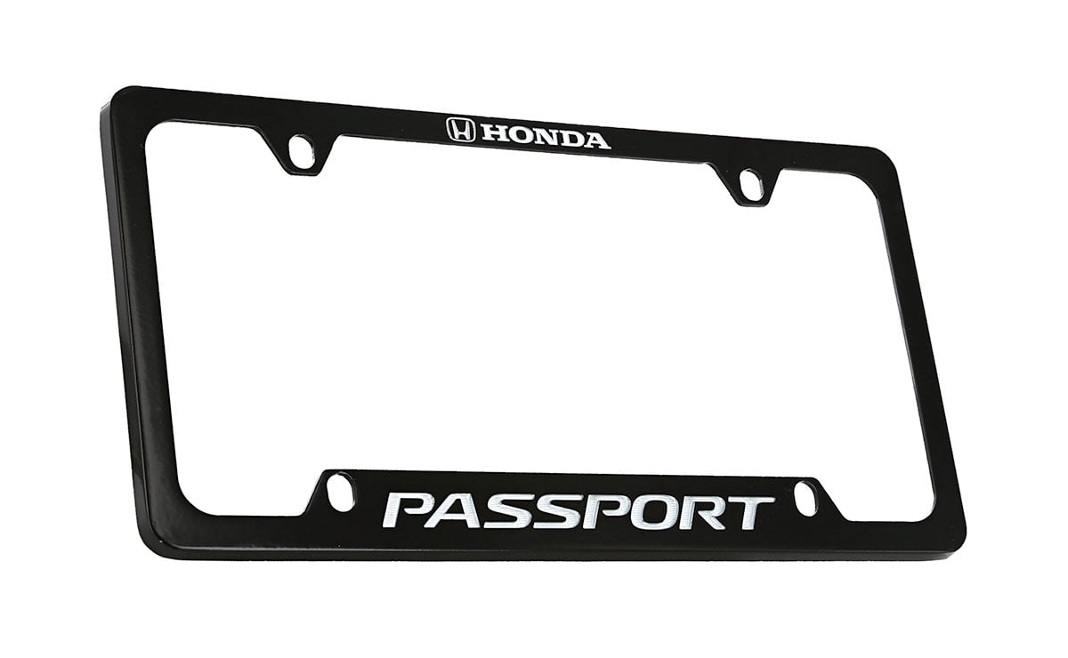 Passport wordmark with Honda logo black coated zinc metal license plate frame