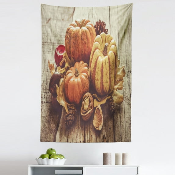 Pinecones Tapestry, Vintage Rustic Look Pumpkins Harvest Themed Thanksgiving Artwork, Fabric Wall Hanging Decor for Bedroom Living Room Dorm, 5 Sizes, Grey Yellow and Dark Peach, by Ambesonne