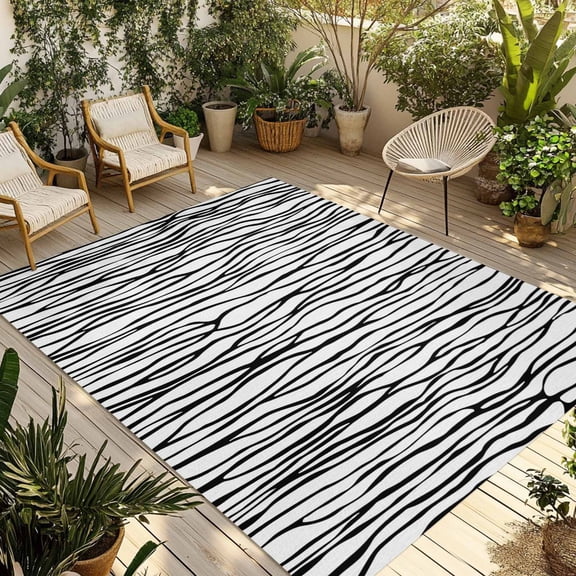 Black White Lines Outdoor Rug for Patio/Deck/Porch, Non-Slip Large Area Rug 5 x 8 Ft, Retro Stripes Texture Minimalist Art Indoor Outdoor Rugs Washable Area Rugs, Reversible Camping Rug Carpet Runner