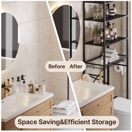 Aiho Over The Toilet Storage Shelf, 4-Tier Freestanding Bathroom Organizers and Storage, above Toilet Space Saver Rack with Adjustable Leg Pads, Toilet Paper Holder and 3-Hooks - Black