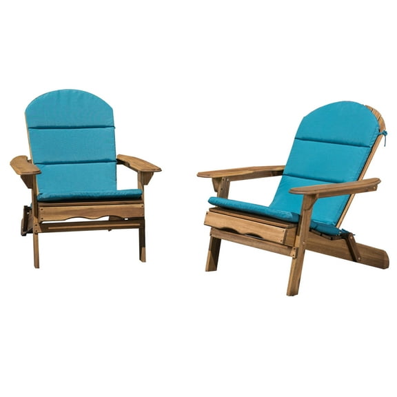 GDF Studio Cartagena Outdoor Acacia Wood Folding Adirondack Chairs with Cushions, Set of 2, Natural and Dark Teal