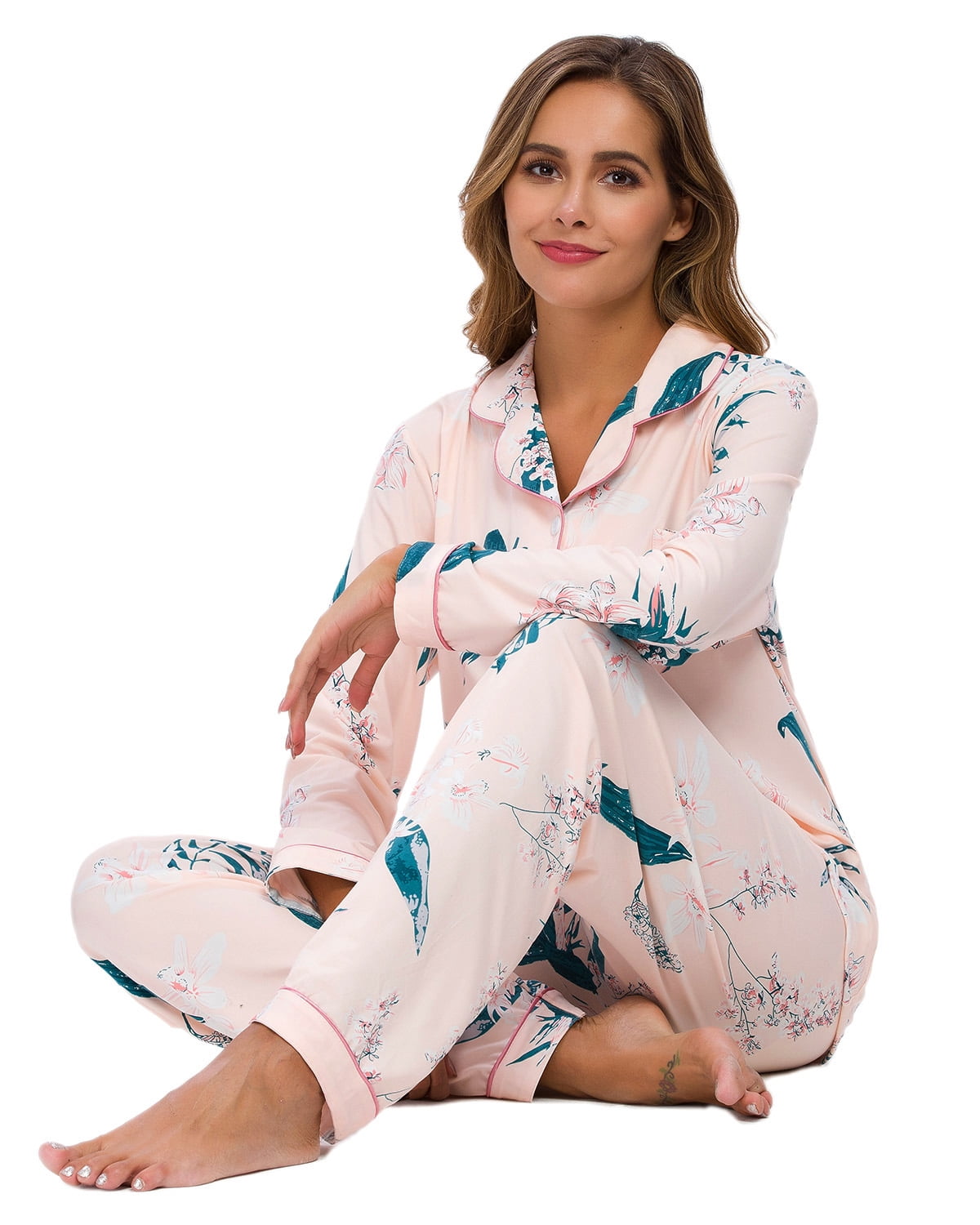 MintLimit Womens Silk Satin Pajamas Set Button Down Pjs Floral Long Sleeve  Sleepwear Lady Nightwear Soft Lounge Sets XL 