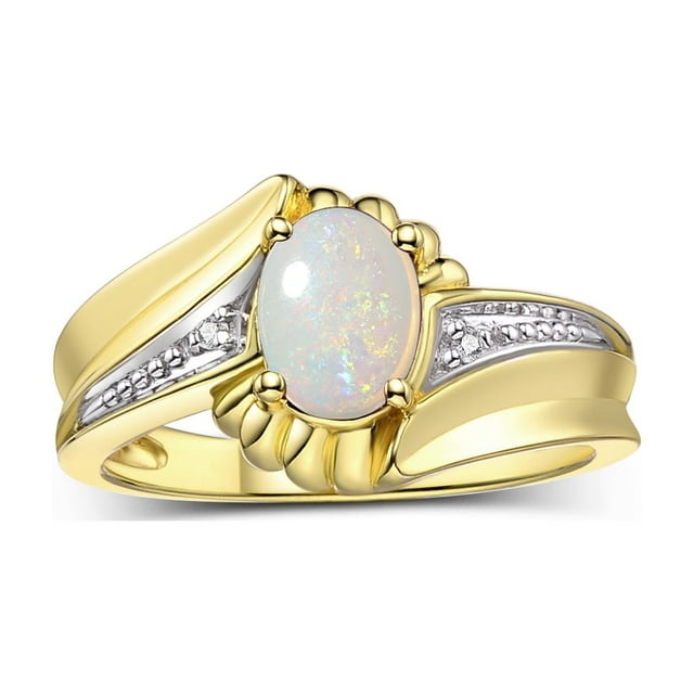 RYLOS Rings for Women 14K Yellow Gold Swirl Z Ring 7X5MM Oval Gemstone & Diamond Rings October Opal Jewelry Size 7