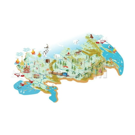 Cartoon Map - Cartoon Vector Map of Russia with a Symbol of Moscow - St. Basil's Cathedral, a Symbol of St. Peter Print Wall Art By Milovelen