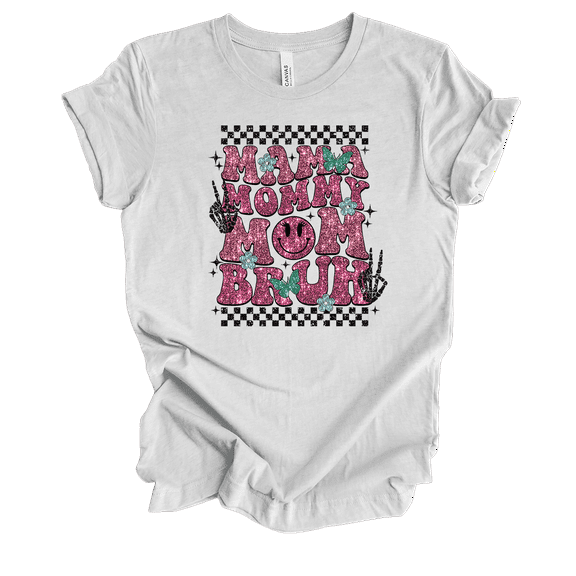 Womens Mother's Day Retro Glitter Checkered Mama Mommy Mom Bruh Ladies Short Sleeve T-Shirt-Ash-4X-Large