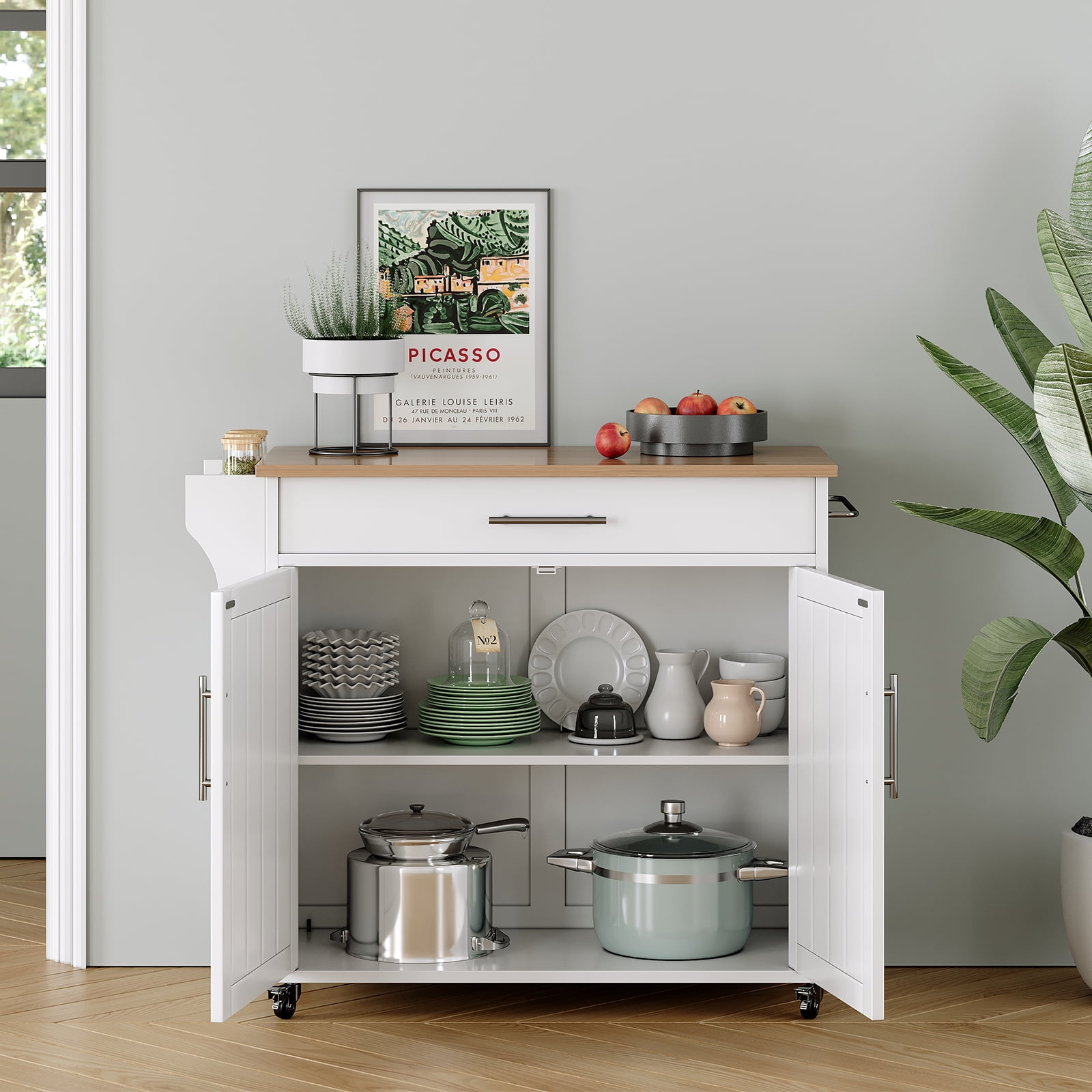 Tornama Rolling Kitchen Storage Island, Wood Countertop, Rack