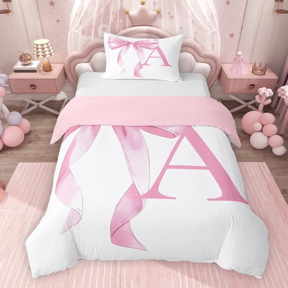 Erosebridal Girls Pink Bow Twin Bedding, A Letter Duvet Cover Set, Princess Style Bedroom Decor, Pink Reversible 2 Pieces, 1 Duvet Cover and 1 Pillowcase (No Comforter)