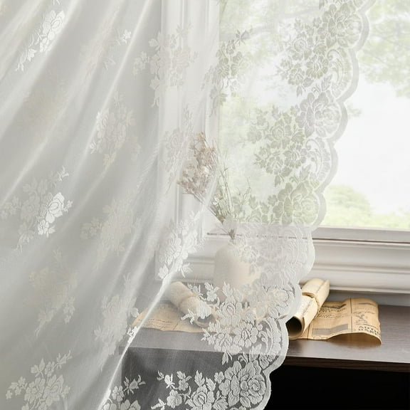 Kotile Ivory Lace Curtains 84 Inches Long 2 Panels, W52 x L84 Inch, Rusitc Floral Pattern Vintage Sheer for Living Room, Rod Pocket Light Filtering Privacy Window Curtain