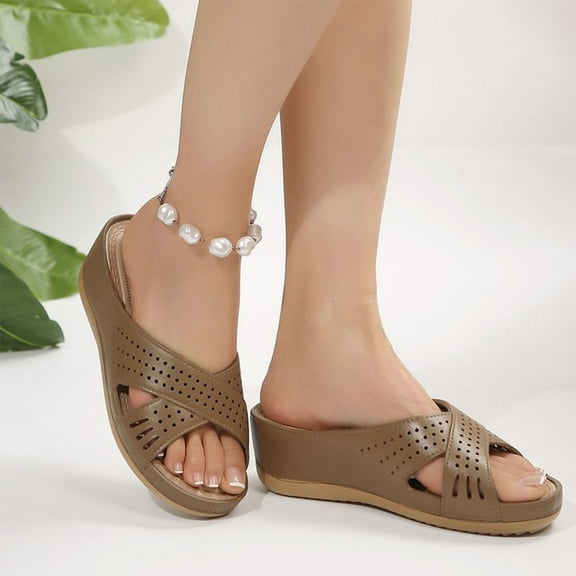 Fnooota Wedge Sandals for Women, Open Toe Mid Heels Slip On Casual Summer Shoes Sandals Brown Size 6