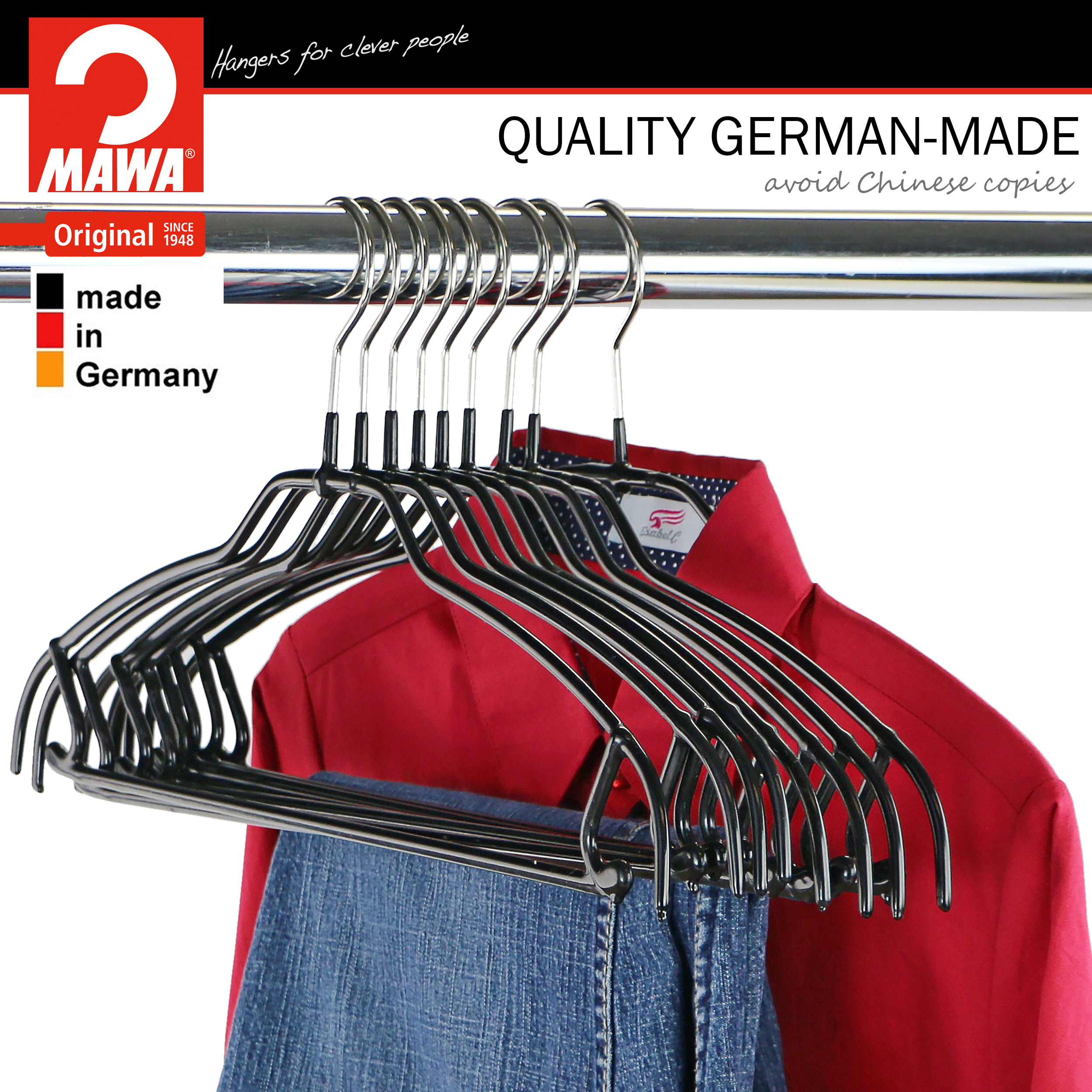 Mawa by Reston Lloyd Ultra Thin Silhouette Series Non-Slip Space Saving Hanger with Pant Bar/Skirt Hook, Style 42/FTU, Set of 10, Black