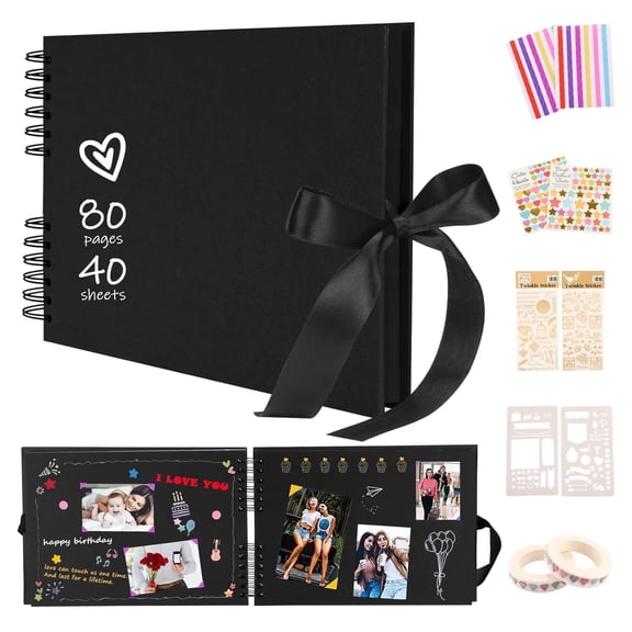 SHUWND 11.5 x 8.5 Inch Black Scrapbook Album, 80 Pages Photo Album with Black Pages, Kraft Paper Hardcover Memory Book with DIY Accessories Kit for Mother's Day Wedding Travel
