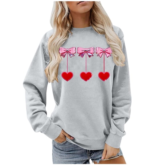 Valentines Day Crewneck Sweatshirts Womens Cute Valentine Sweater Pullover Long Sleeve Heart Bow Holiday Outfits, M Gray