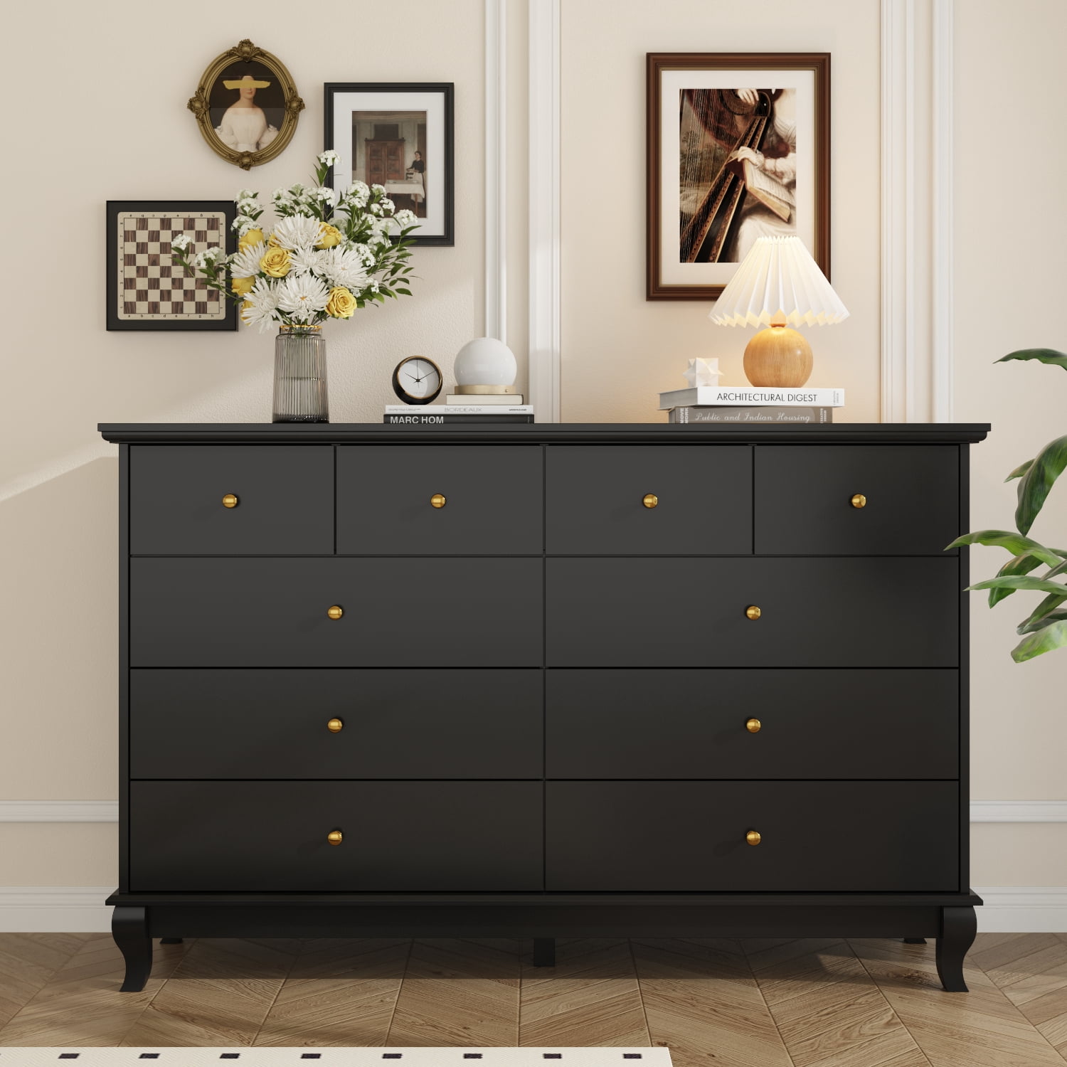 KULAGAGA  Dresser with 10 Drawers, Wood Storage Chest of Drawers for Bedroom Living Room Hallway, Black