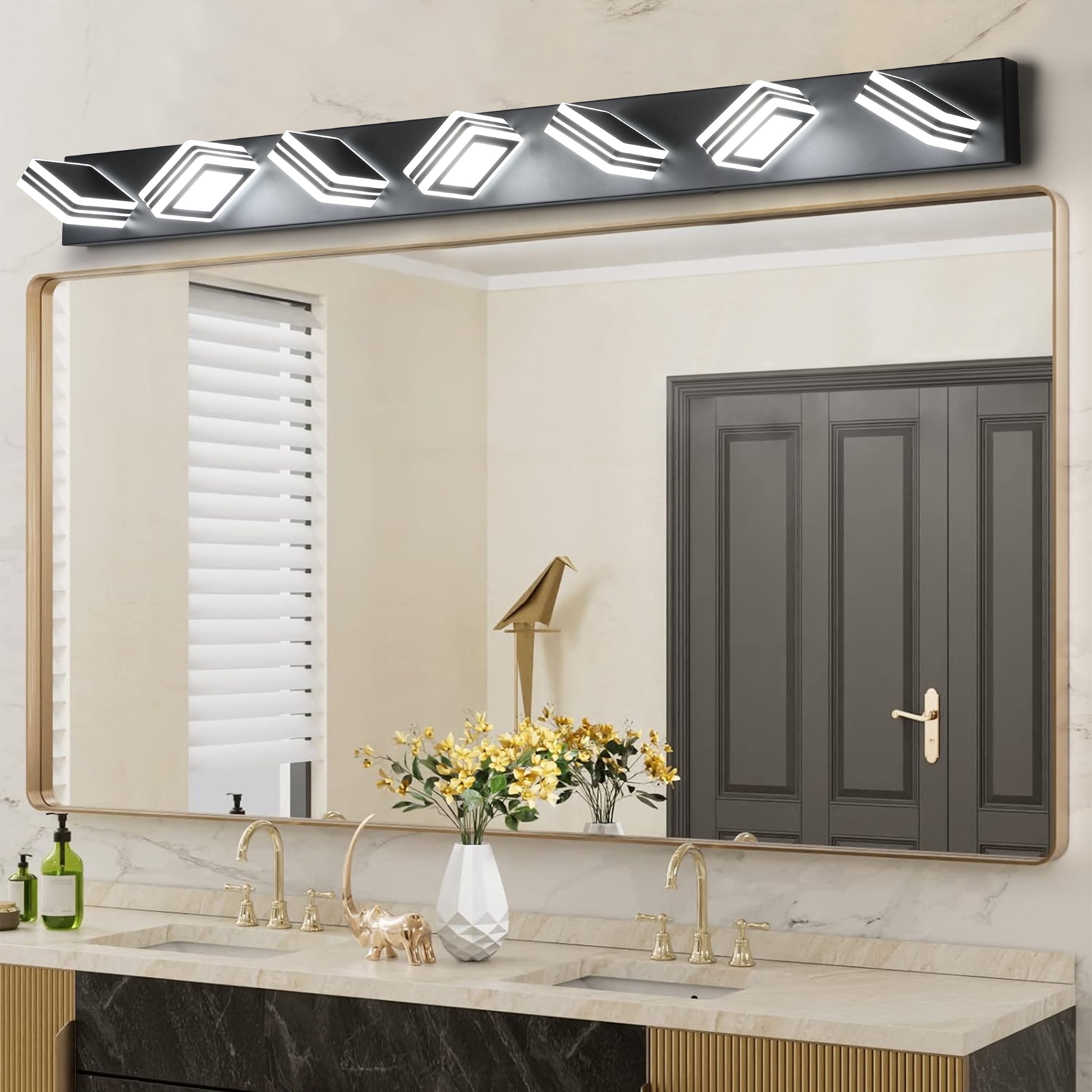 45" Modern Black 7-Light LED Vanity Light, Square Acrylic Lampshade Wall Mount Fixture for Bathroom Mirror Lighting with 180° Rotatable Heads, Energy Saving 50000Hrs