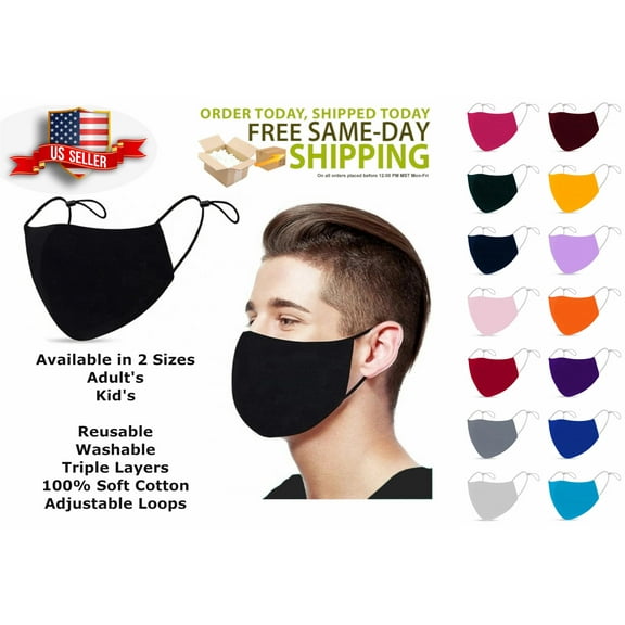 ADULTS Face Mask 3 Layers 100% Cotton Washable Reusable Adjustable Ear Loops. Unisex