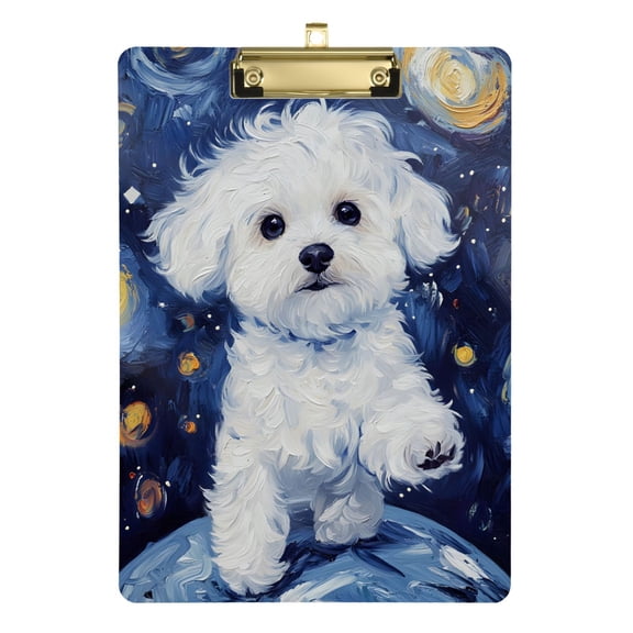 Plastic Clipboard Acrylic Hanging Clip Board with Gold Low Profile Office School Supplies 12.5x9 Cute White Dog Walking at Night