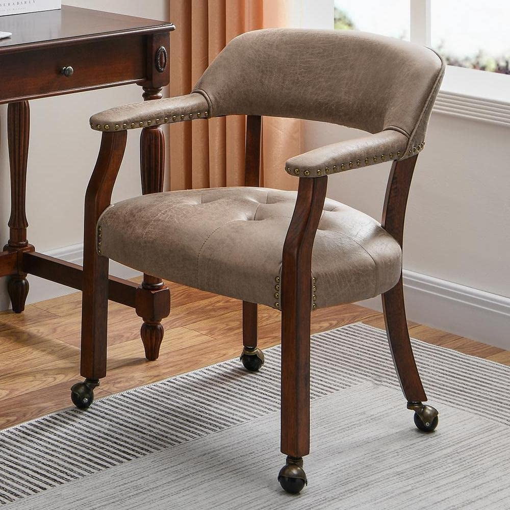 JESONVID Dining Chair with Casters Set of 4, Captain's Chair with Caster Dining Room Chairs with Rollers Curving Backrest Dinette Sets Poker Chair with Wheels Kitchen Table Rolling Chairs,Light Wheat
