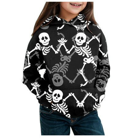 Bainana Halloween Girls Hoodie Sweatshirts Ghost Print Long Sleeve Hooded Pullover Tops Fashion Comfortable Girls Halloween Theme Casual Wear Size 8-9 Years Black