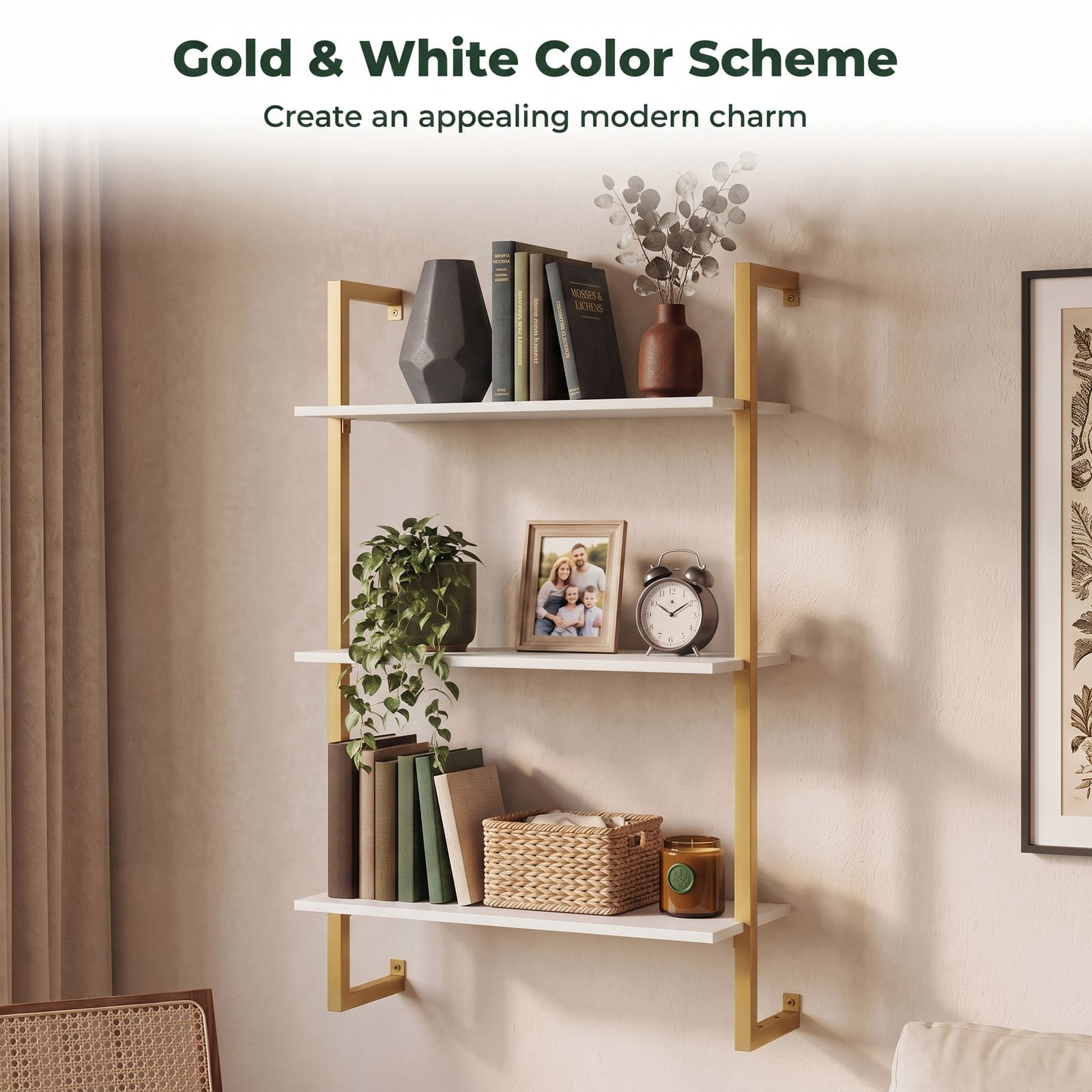 Furnibear 3-Tier Floating Wall Shelf, Modern White Wood Bookcase Wall-Mounted Storage Rack for Living Room Bedroom Kitchen Home Office Bathroom, Space-Saving, White