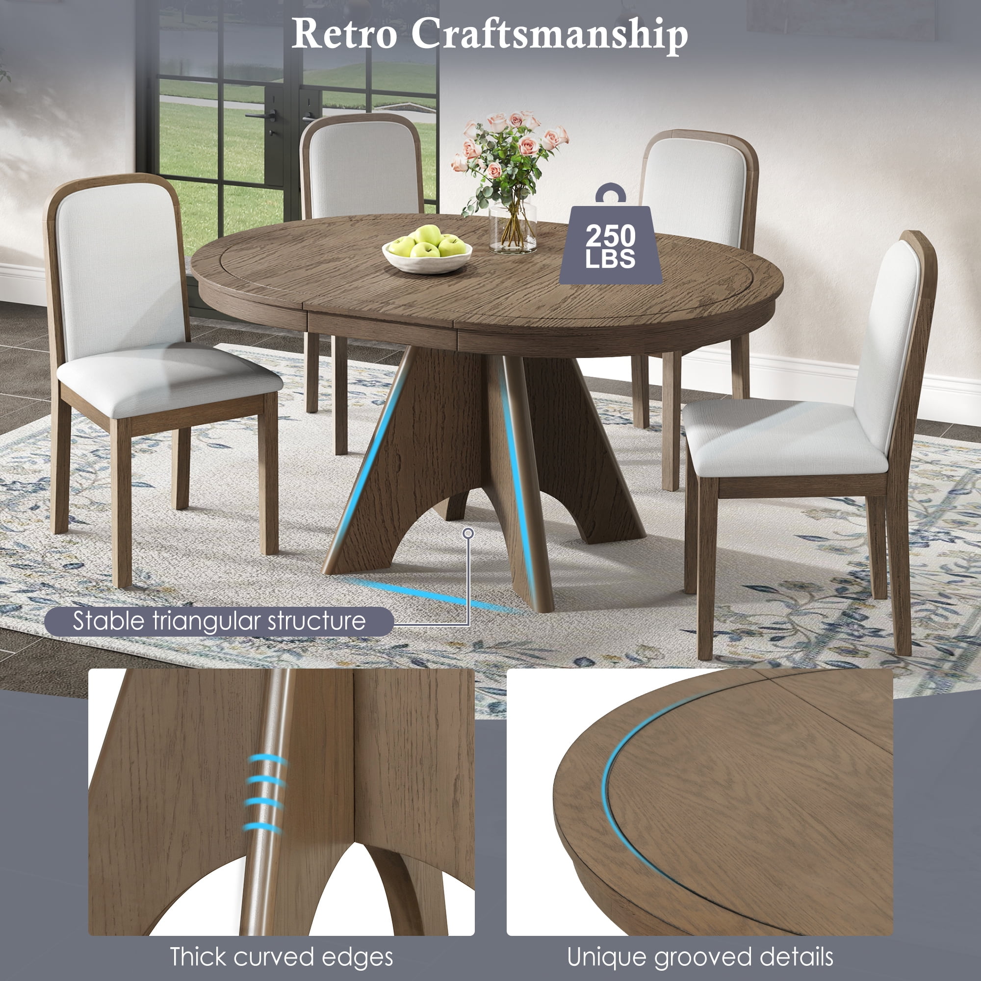 Euroco Round Dining Table Set for 4-6, 42in-58in Extendable Kitchen Table Set with 4 Upholstered Chairs and Crossed Legs, 5 Piece Wood Oval Dining Set for Small Space,Espresso
