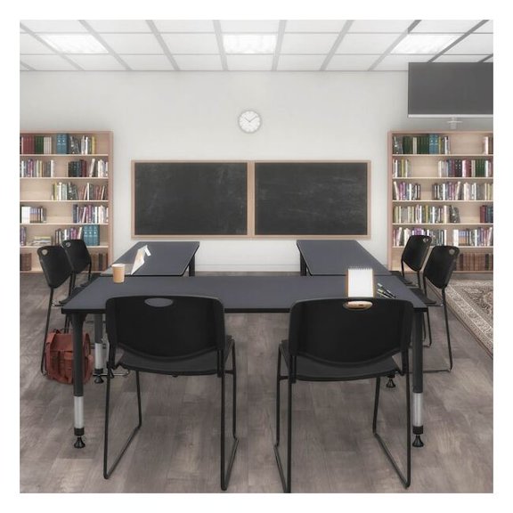 Regency Kee 72" x 30" Height Adjustable Classroom Table - Grey & 2 Zeng Stack Chairs- Black