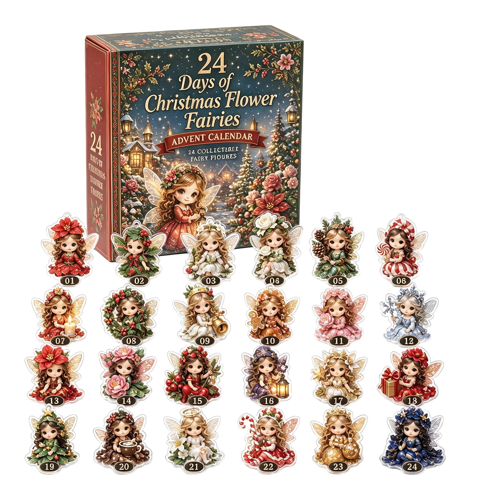 Christmas Ornaments 2D Flat Acrylic Airplane Box Floral Fairy Blind Box for Holiday Tree Countdown Display and Xmas Party Gift Exchange Set with 24 Pcs Hanging Multicolor_#153