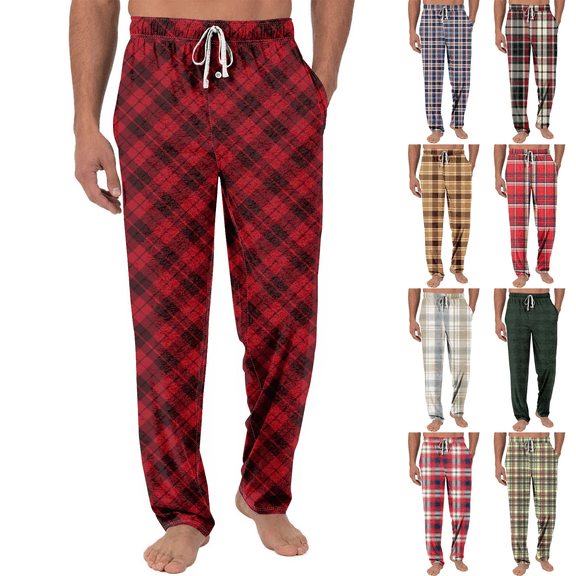 Men's Knitted Fashionable Printed Pocket Casual Pants, Plaid Pajama Pants for Home, Sleep and Lounge Wear,Beige,L
