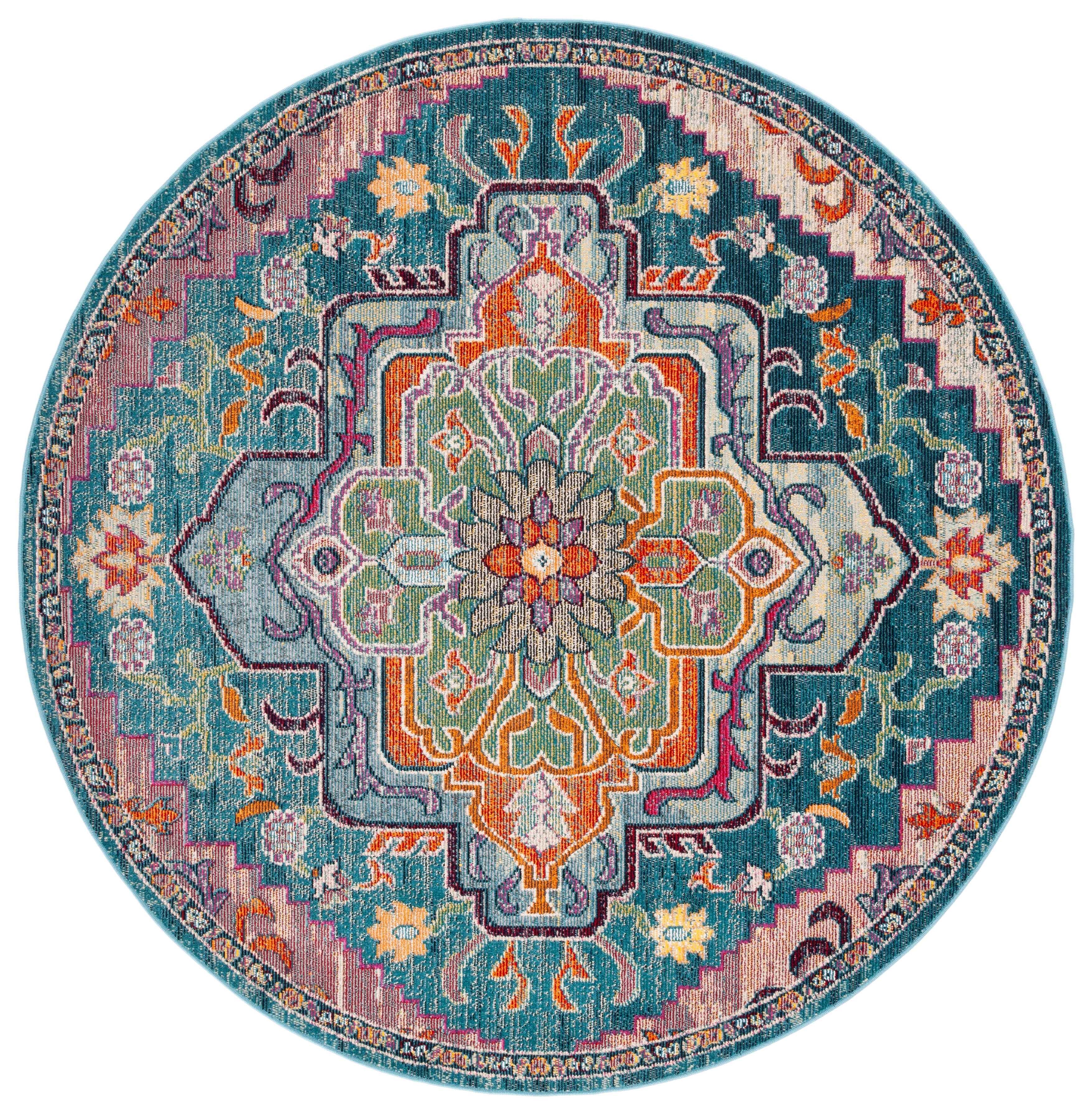 SAFAVIEH Crystal Debra Southwestern Area Rug, Teal/Rose, 4' x 4' Round