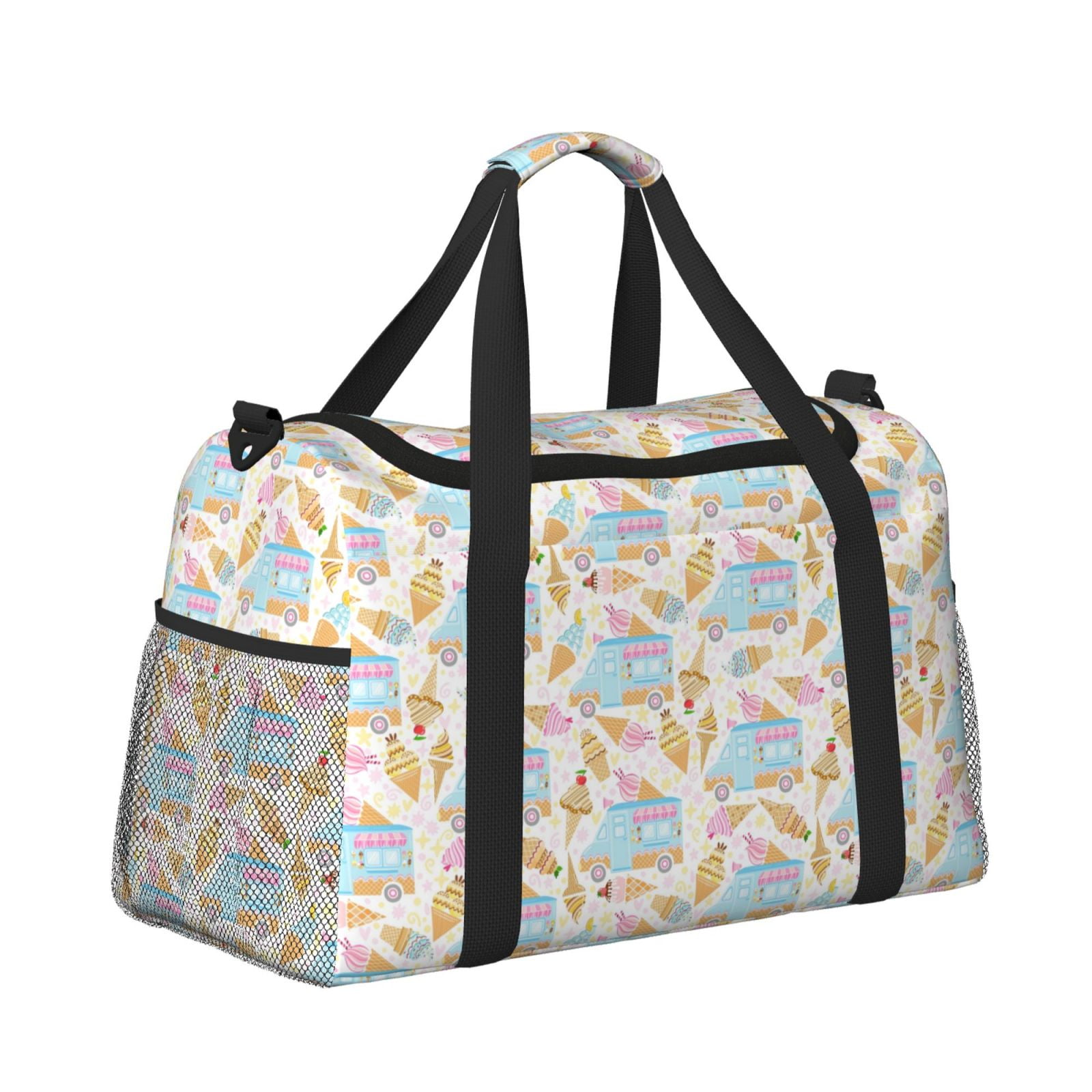 Picia Icecream Truck Print Travel Duffle Bag,Weekender Bags for Women with Shoe Compartment, Gym Duffel Bag with Wet Pocket, Hospital Bags for Labor and Delivery