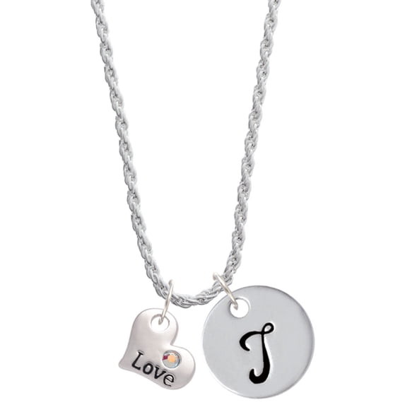 Delight Jewelry Love Heart with AB Crystal Silvertone Script Initial Disc - T - Charm Necklace, 20"+3"