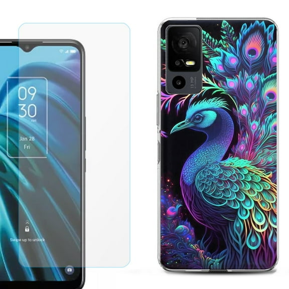 OneToughShield ® for TCL 40 XE 5G Shockproof Fashion Phone Case, with Tempered Glass Screen Protector - Neon Peacock