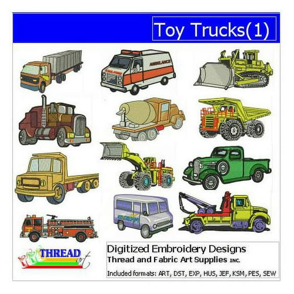 Threadart Machine Embroidery Design Bundles - Transportation Sets - Toy Trucks(1) - Loaded on USB Stick - 4 Sets Available