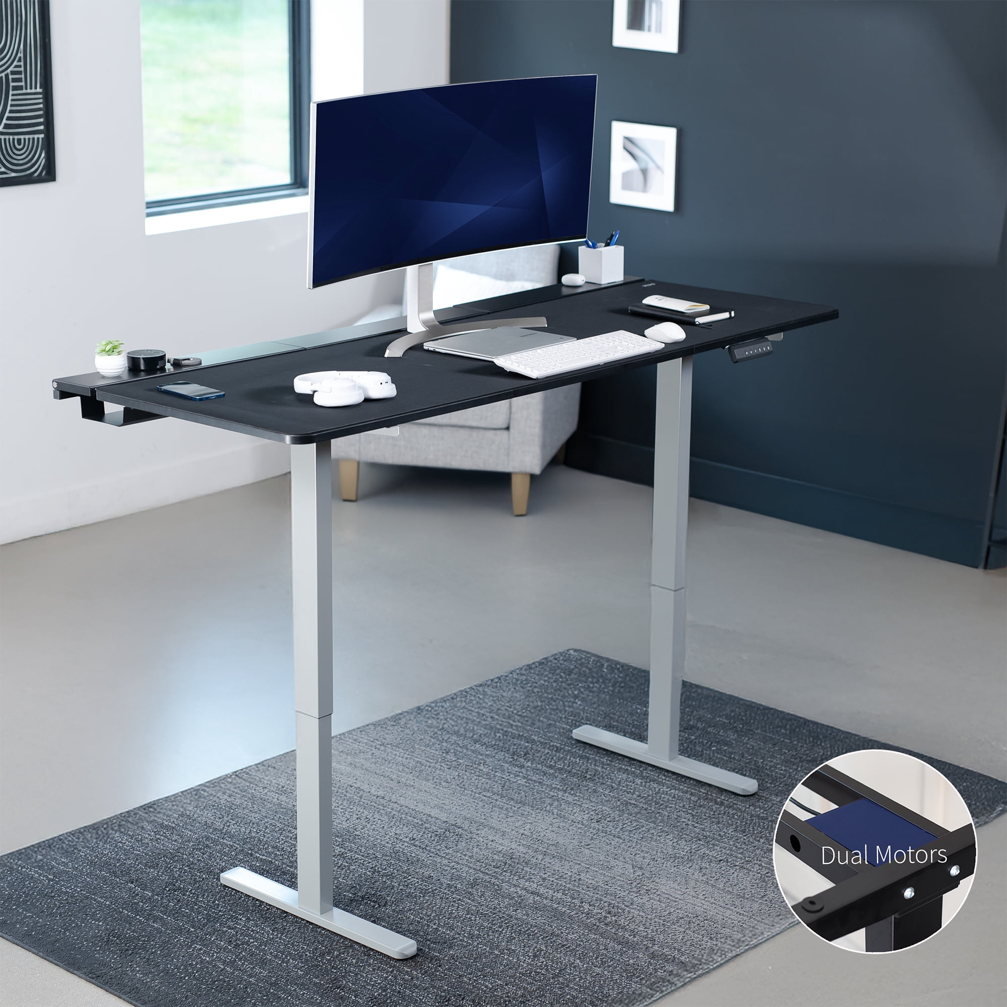VIVO Electric 71" x 30" Desk, Full Pad, Black Hidden Cable Tabletop, Gray Frame