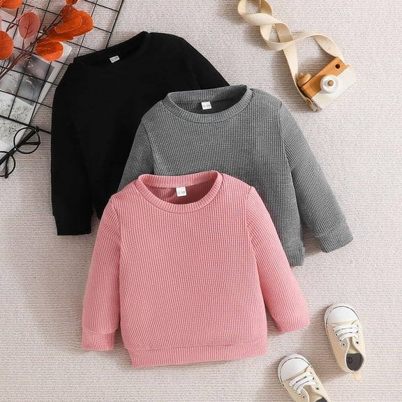 HUAXUN-Girls Hoodies 3-Pack Set, Toddler Long Sleeve Waffle Knit Crewneck Sweatshirt Pullover for Baby Girls 1-5 Years, Soft Comfortable Casual Outfit for Spring Fall Winter Clothes(Multicolour,2Y)