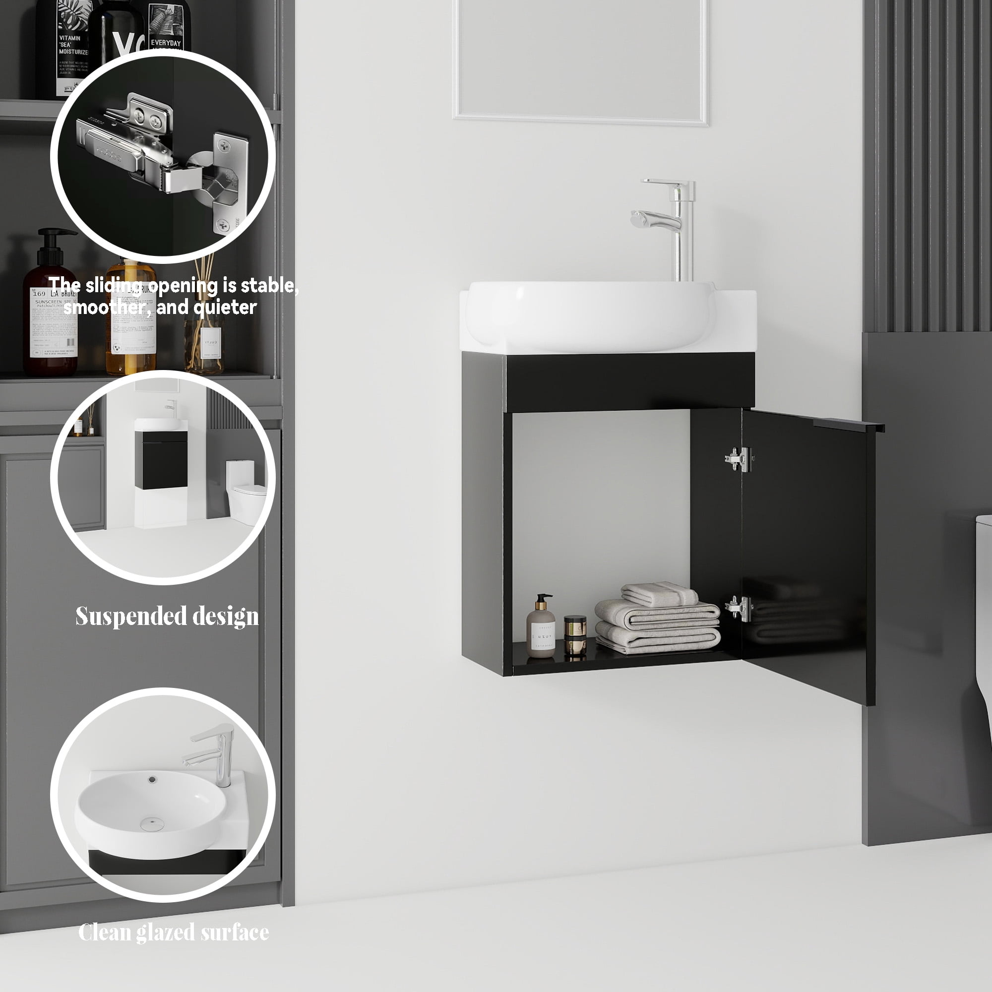 Leumius 16" Wall-Mount Bathroom Vanity Cabinet with with Ceramic Sink & Soft‑Close Doors for Small Space,Bathrooms,Black