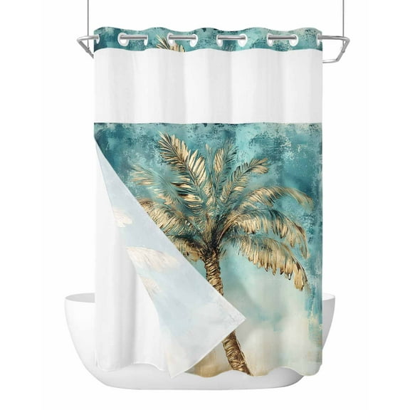 No Hook Shower Curtains with Snap in Liner, Coastal Beach Tree Waterproof Fabric Shower Curtain, Summer Vintage Tropical Plant Double Layers & See-Through Top Window Bathroom Curtains 48''x72''
