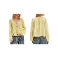 thumbnail image 3 of Women Tie Front Long Sleeve Top Lace Trim Button Shirt Square Neck Loose Blouse Going Out Y2k Clothes Yellow M, 3 of 8