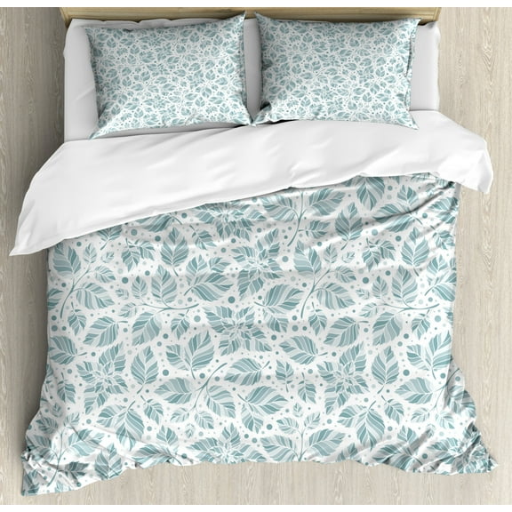 Leaves Queen Size Duvet Cover Set, Peppermint Foliage Pattern on a Dotted Background Blossoming Nature, Decorative 3 Piece Bedding Set with 2 Pillow Shams, Slate Blue and Bluegrey, by Ambesonne