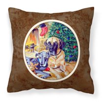Carolines Treasures 7111PW1414 Fawn and Blue Great Dane waiting on Christmas Fabric Decorative Pillow 14Hx14W