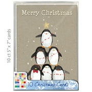 Tree-Free Greetings Christmas Cards and Envelopes, Set of 10, 5" x 7", Penguin Pile Box Set (HB93232)