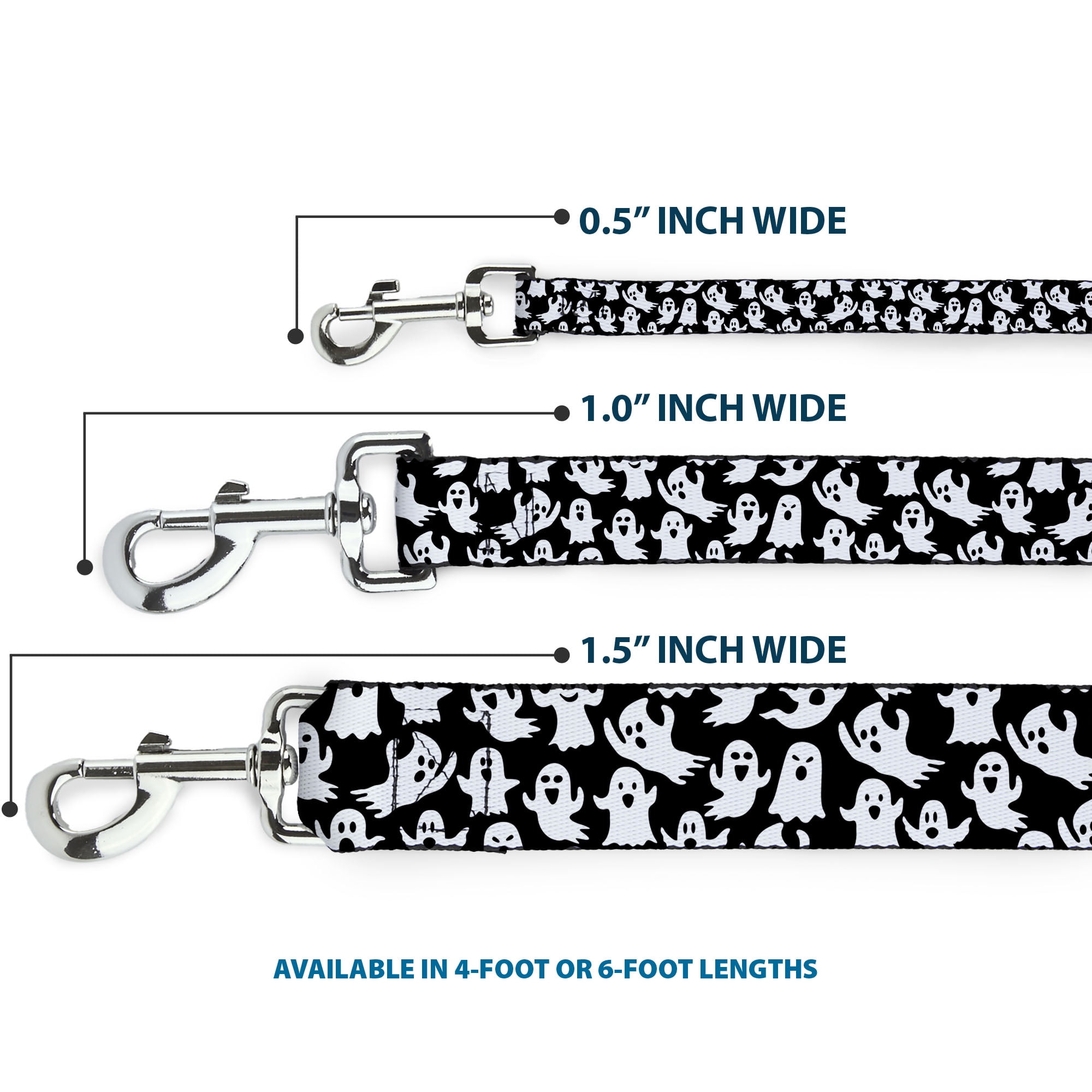 Buckle-Down Pet Leash, Dog Leash, Ghosts Poses Scattered Black White, 6 Feet Long 1.0 Inch Wide