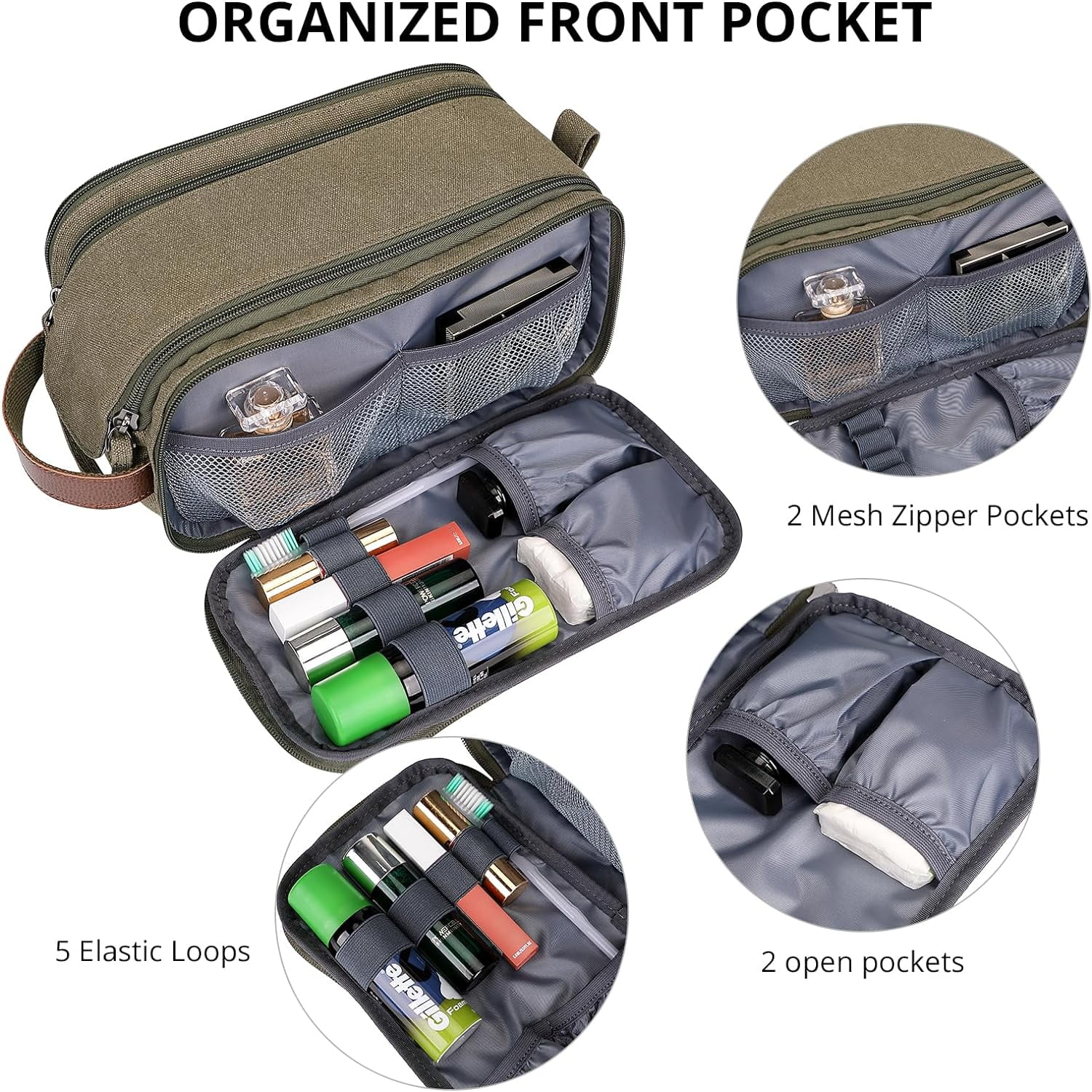 WITZMAN Canvas Toiletry Bag for Men Large Capacity Hanging Dopp Kit for Men Leather Toiletries Water-Resistant Bathroom Bag(A8002 Army Green)
